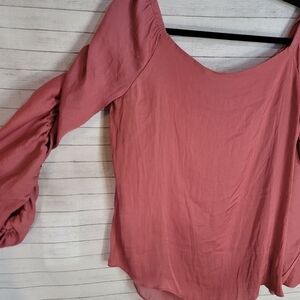 LOT OF 2 NAKED ZEBRA SATIN RUFFLE CINCH SLEEVE BLOUSES, SZ LARGE-